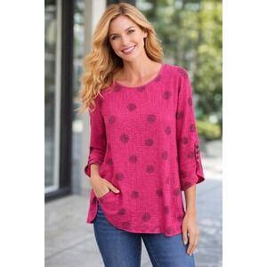 Ali Miles Crinkle Texture Pink Polka Dot Blouse With Button Accents Size Small